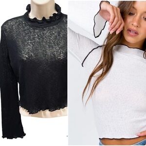 TWIIN frill mesh top flare sleeve sheer crop Princess Polly Medium